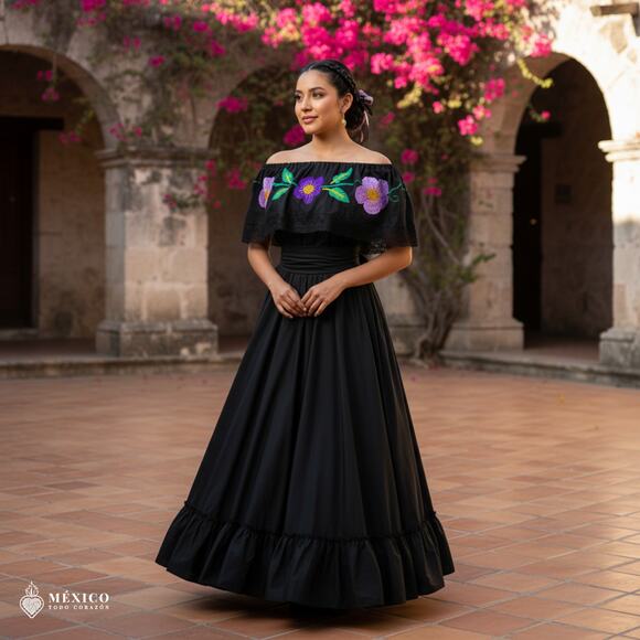 Traditional Mexican Embroidered Floral Dress Set – Handmade Two-Piece - Picture 3 of 7